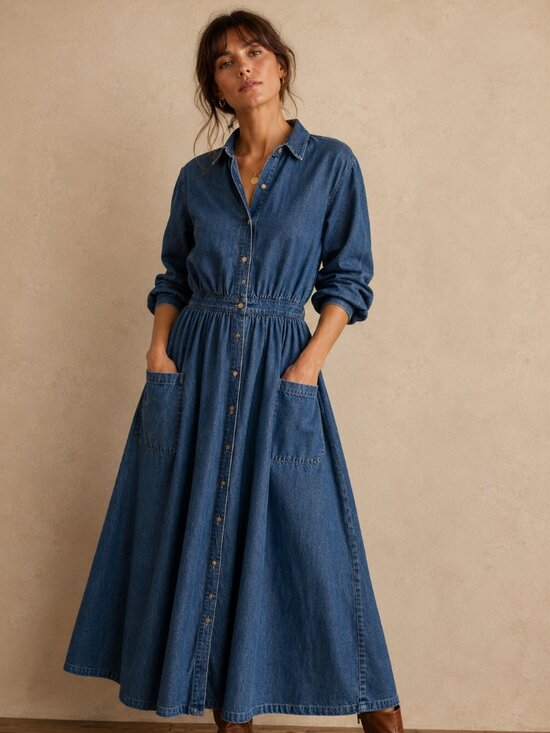 Eddie Bauer Dresses & Skirts - Vintage Eddie Bauer Denim Shirt Dress Small Maxi Chambray Cotton Prairie Pockets